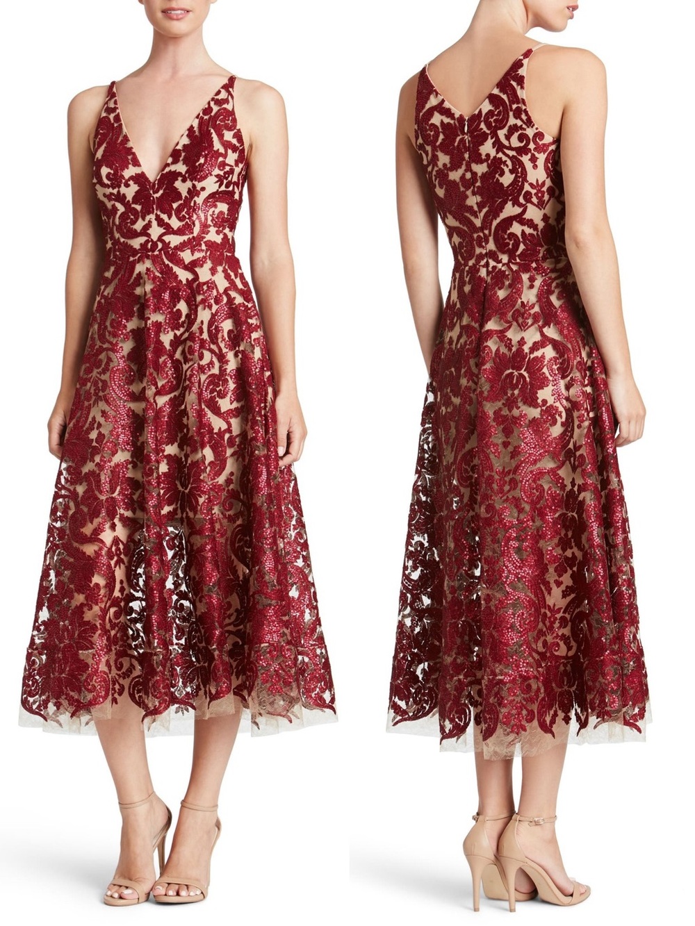 Dress the Population Blair Sequin Lace Midi Dress Berry Nude XS Fit & Flare